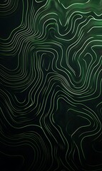 Fototapeta premium Green swirling lines on a dark green background, forming a fluid and dynamic pattern. 