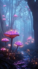 Digital Photography Backdrop. A mystical enchanted forest with glowing mushrooms. and fog. 