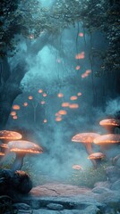 Digital Photography Backdrop. A mystical enchanted forest with glowing mushrooms. and fog. 