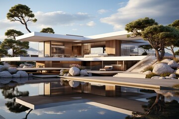 Fototapeta premium 3D rendering of a modern cozy house with a swimming pool and terraces for sale or rent in a luxurious style and beautiful landscape design