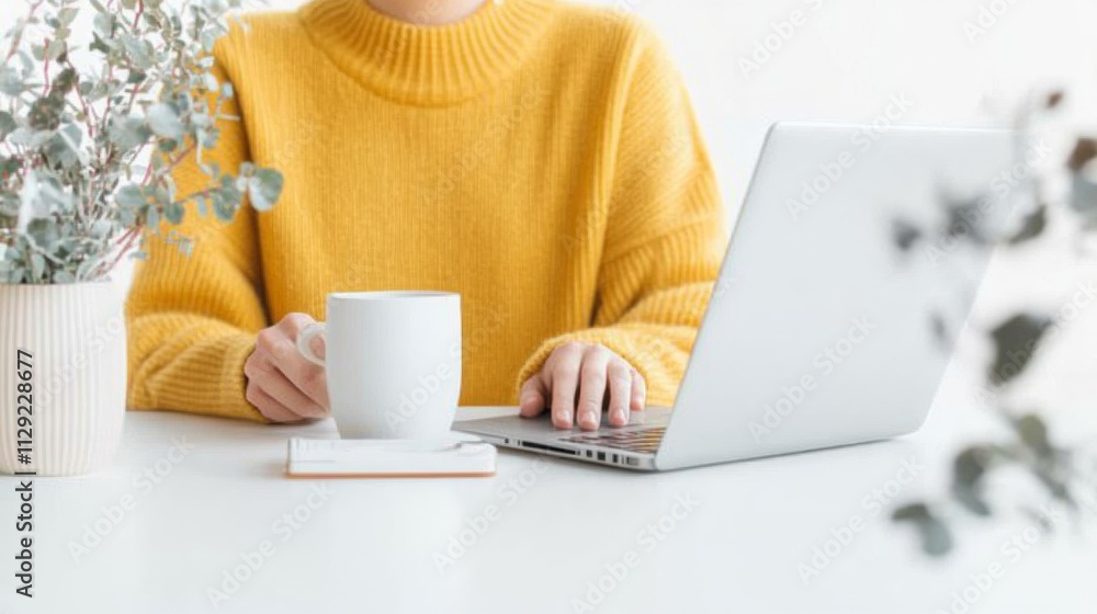 Poster Focused Student Taking Notes During a Virtual Class with a Modern Desk Setup