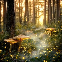 Digital Photography Backdrop. A mystical enchanted forest with glowing mushrooms. and fog. 