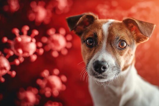 Symptoms and prevention of canine parvovirus highlighted with visual representation of affected dog and virus particles