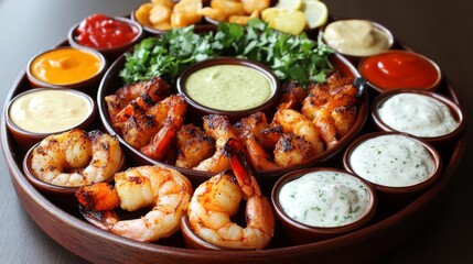 Fototapeta premium Delicious Shrimp Platter with Variety of Dips and Sauces
