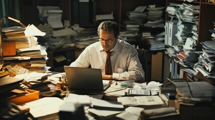 Man working late at a cluttered desk filled with documents in a dimly lit office environment