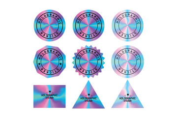 A set of holographic stickers in various shapes, including circles, triangles, and rectangles, with vibrant iridescent designs.