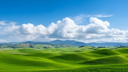 Fototapeta premium Natural transpiration concept. Vibrant green hills under a bright blue sky with fluffy clouds in the background.