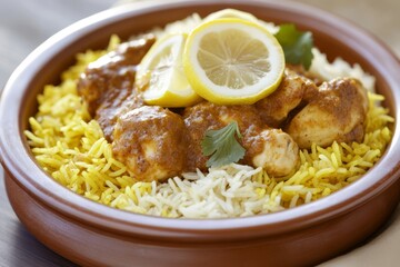 Chicken tikka masala served over saffron rice, garnished with lemon and parsley in a rustic bowl.