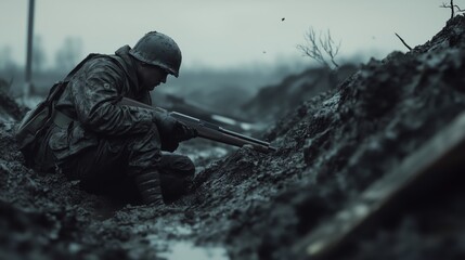 Soldier in a Muddy Trench Holding a Rifle During a Somber Battle - made with Generative AI
