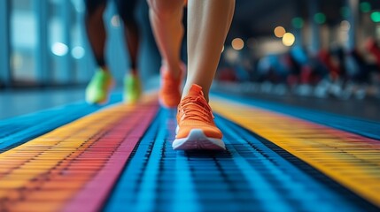 Personalized workout plans being followed in a vibrant gym with runners on a colorful track