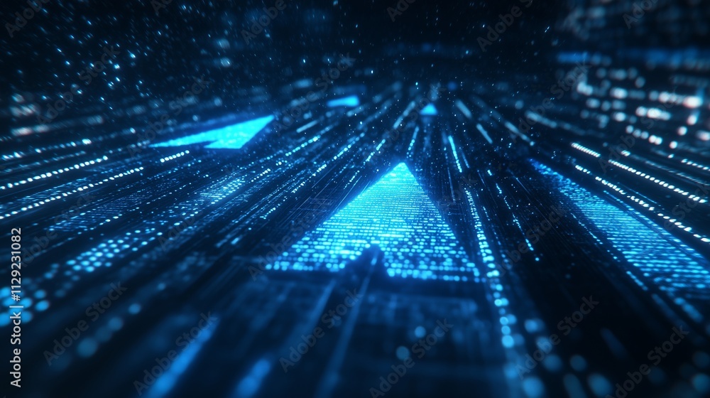 Poster abstract digital landscape with glowing arrows pointing forward in a futuristic environment