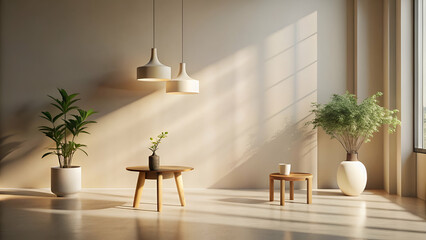 A modern, minimalist interior featuring plants, a wooden table, and pendant lights, illuminated by natural sunlight streaming through a window.