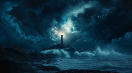 Lighthouse stands strong against turbulent waves and dark clouds at night