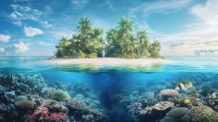 Vibrant underwater coral reef with tropical island above during a sunny day in a serene ocean setting