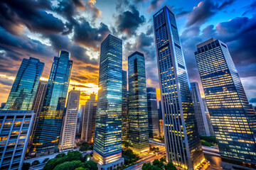 Obraz premium A vibrant city skyline at sunset, showcasing towering glass skyscrapers under a dramatic sky filled with clouds.