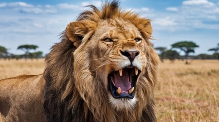portrait of a lion animal theme in nature and sunset meaning leadership and power
