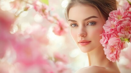 Fototapeta premium Young woman with delicate features posing amidst blooming pink flowers in a serene, natural setting during springtime