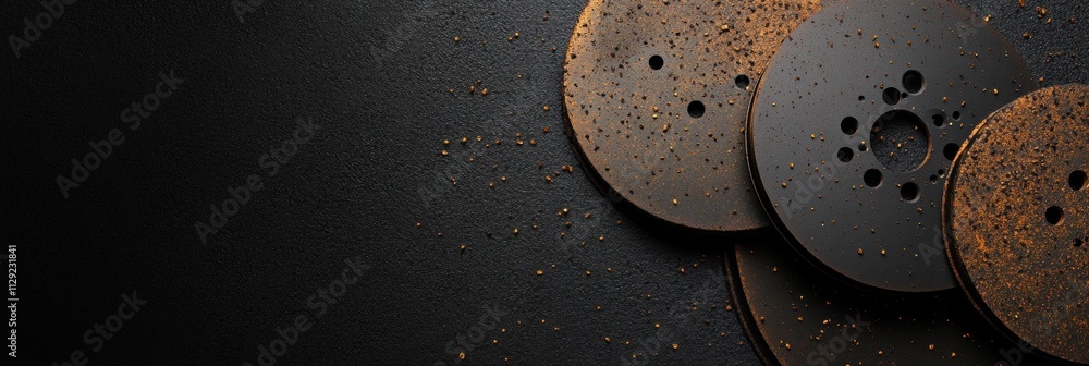 Leinwandbilder Brake pads and discs are arranged on a dark textured background, showcasing their surface details and offering ample space for text or branding. Generative AI