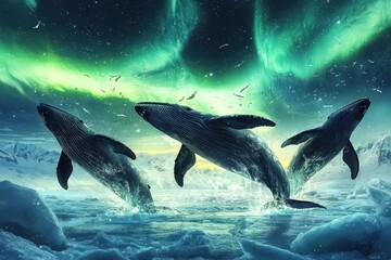 Obraz premium Three whales breach the icy surface under a stunning aurora borealis, creating a magical scene amidst a frozen landscape.