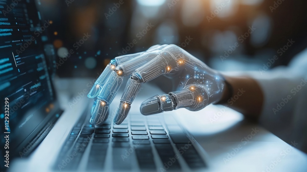 Poster ai-powered robotic hand typing on a laptop in a modern workspace during the day