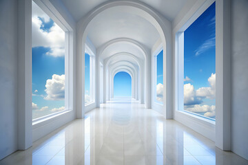 A serene passageway with arches, featuring large windows that showcase a bright blue sky and fluffy clouds, creating an ethereal atmosphere.