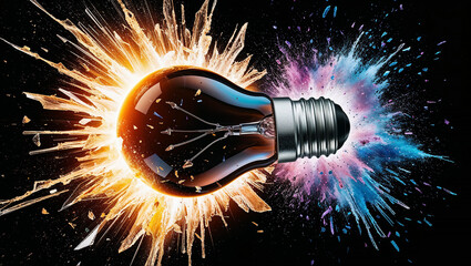 Exploding light bulb creating colorful explosion on black background