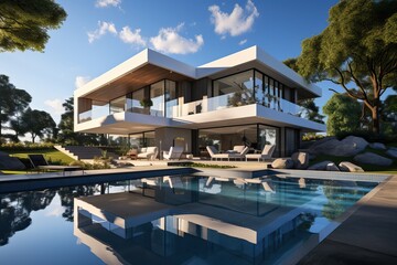 Fototapeta premium Luxurious white villa with a large swimming pool in the yard, design of a new energy-saving house.