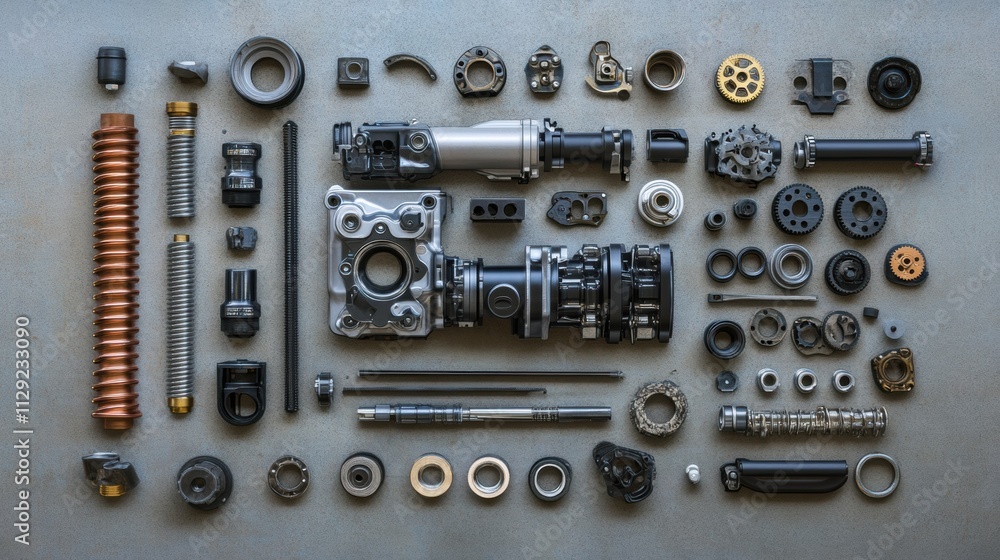 Poster arranged car engine parts include pistons, gears, belts, and valves displayed on a flat surface, pro