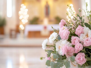 Ethereal Church Interior with Floral Altar for Synaxis of the Mother of God, Christmas, Easter