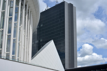Luxembourg, Europe, view to the modern architecture of the Philharmonie and site buildings
