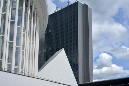 Luxembourg, Europe, view to the modern architecture of the Philharmonie and site buildings