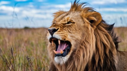 Obraz premium portrait of a lion animal theme in nature and sunset meaning leadership and power