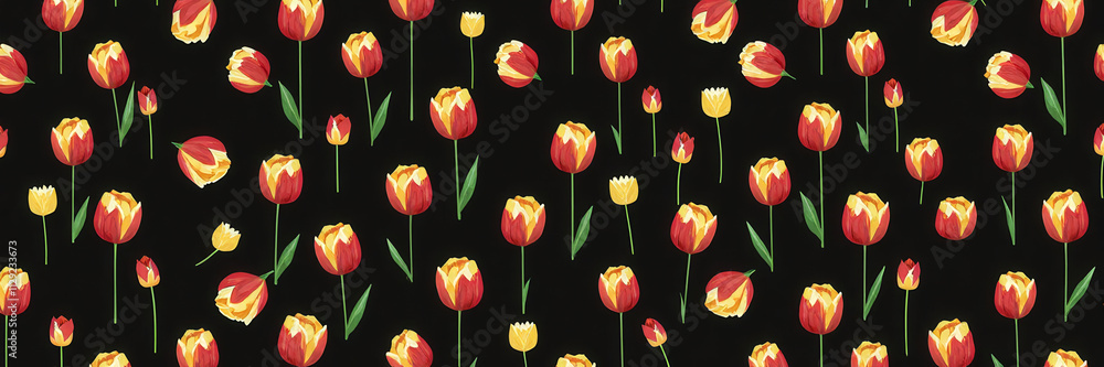 Poster a black and yellow flower pattern with red flowers. the flowers are in a row and are in different si