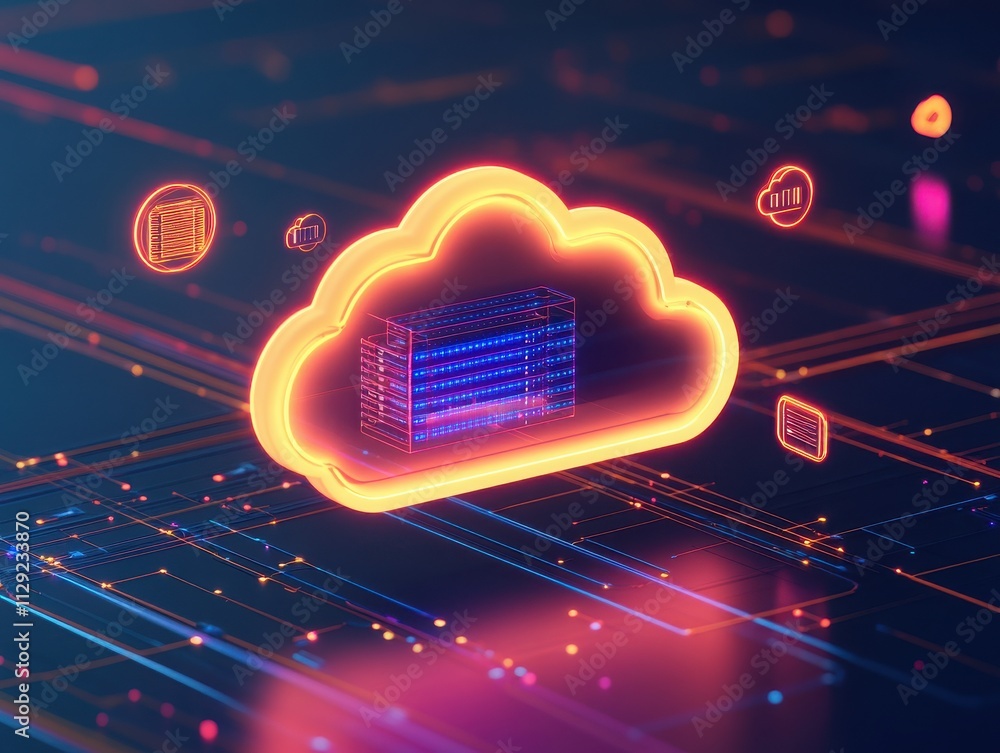 Poster stylish cloud computing graphic with vibrant neon colors representing data storage and modern techno