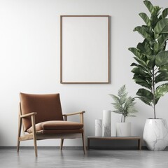 Modern Minimalist Living Room Interior Design with Brown Armchair, Plants, and Blank Frame