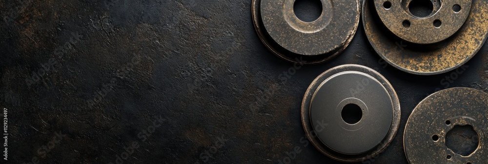 Poster several brake pads and discs are displayed on a textured dark surface, providing space for adding te