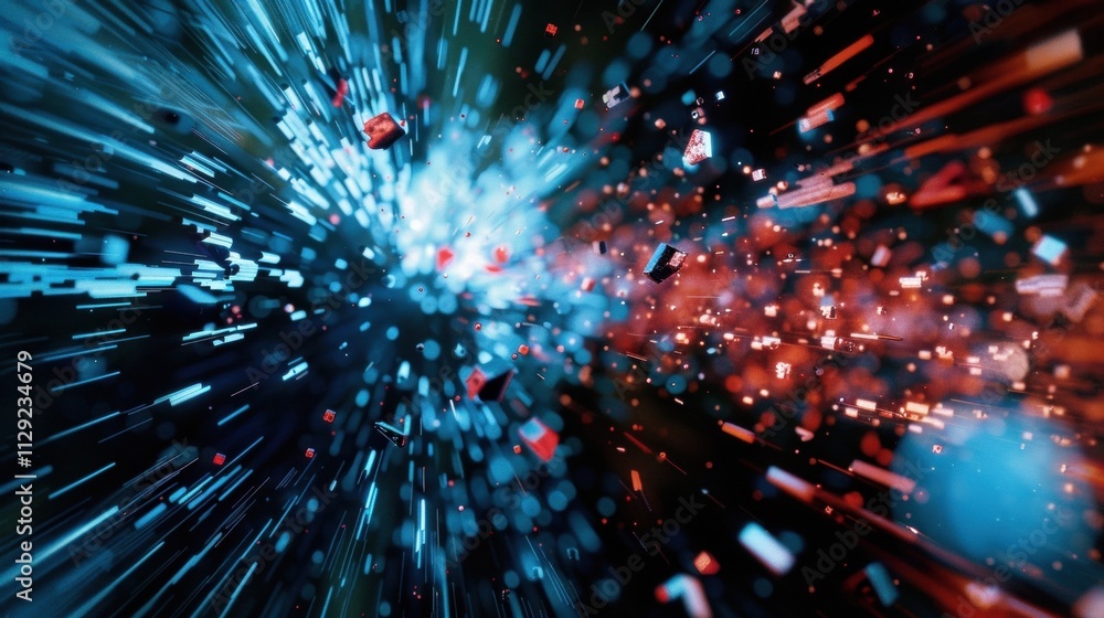 Poster abstract digital information flowing through cyberspace, featuring dynamic light trails and geometri