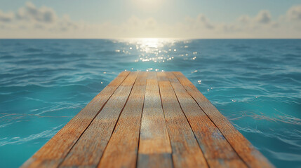 Tranquil Wooden Pier Extending into Azure Ocean. A serene image of a wooden pier stretching into a...