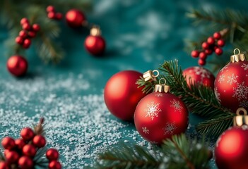 Obraz premium Festive Red Christmas Ornaments Snow Pine Branches Teal Background
