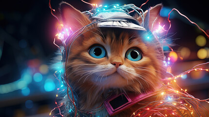 Party cat in neon colors. Funny kitten with holographic hat in 90s style neon lights