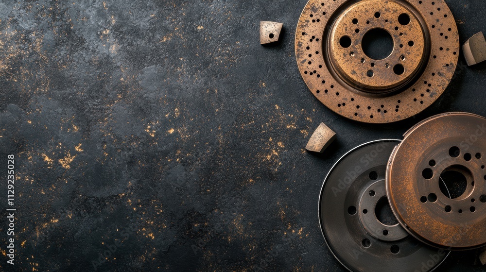 Poster display of worn brake pads and discs arranged on a textured dark background, leaving room for text o