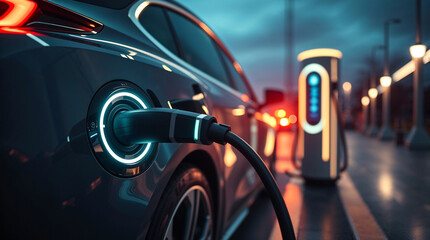 Electric car plugged in with charging station to recharge battery with electricity by charger cable.