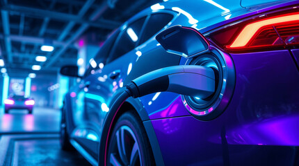 Electric car plugged in with charging station to recharge battery with electricity by charger cable.