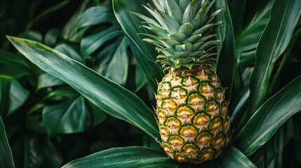 Obraz premium A ripe pineapple nestled among lush green leaves, showcasing its vibrant texture and tropical essence.