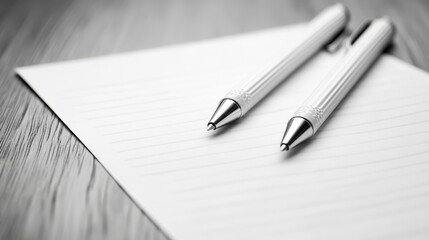 Two pens resting on a blank lined paper, ready for writing or note-taking.