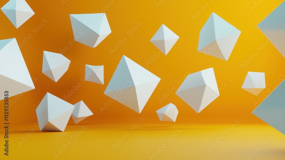 Poster a vibrant yellow background features floating white geometric shapes, including cubes and pyramids, 
