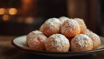 Fresh Golden Beignets Dusted with Powdered Sugar in Cozy Setting
