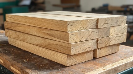 A stack of wooden planks, showcasing their natural grain and texture, arranged neatly on a workbench in a workshop environment.