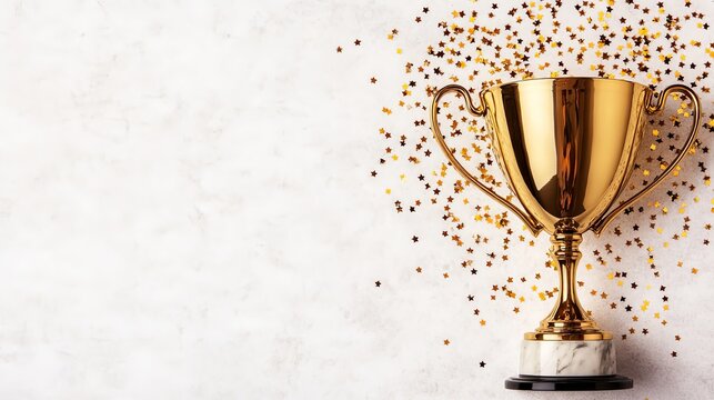 Golden Trophy and Confetti: A gleaming golden trophy stands on a marble base amidst a shower of gold confetti, symbolizing triumph and celebration.