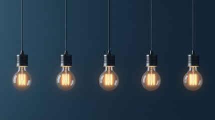 Five hanging light bulbs with a warm glow against a dark background.